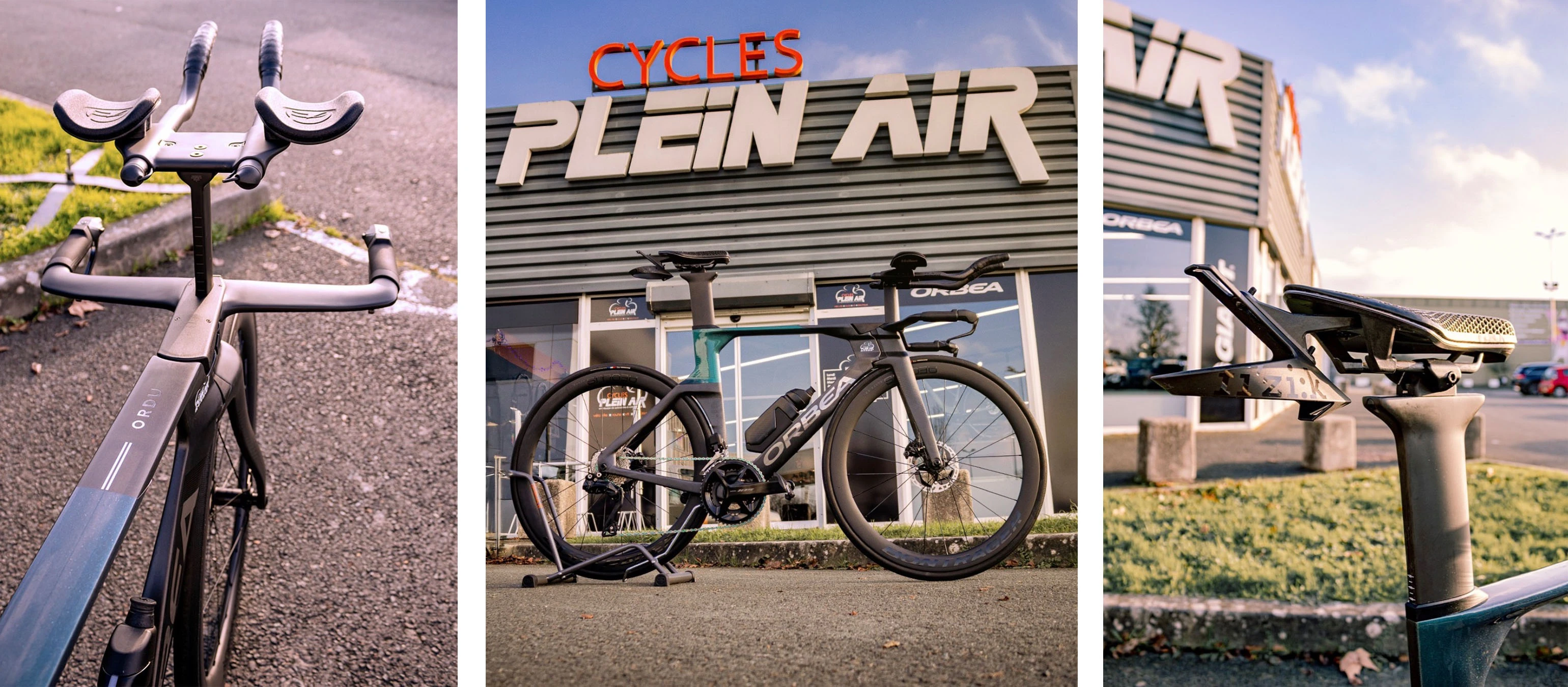 Photographies d'un vélo Orbea Ordu, Vélo spécialisé pour le triathlon. Photographies du cardre, des prolongateurs et de la tige de selle.