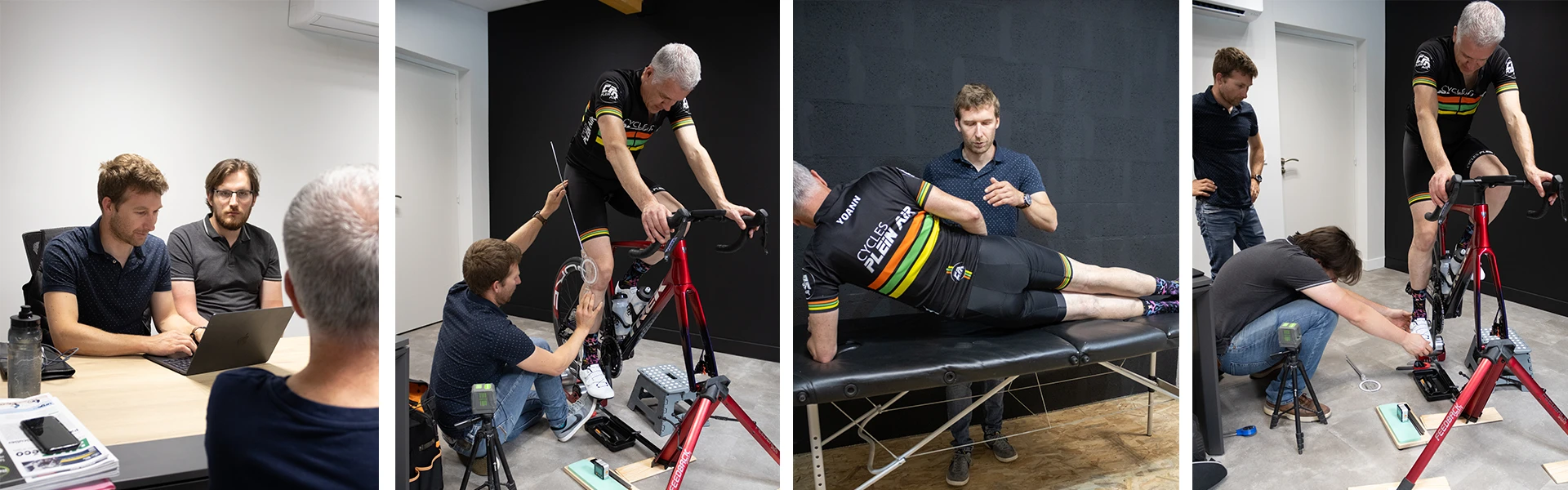 photos de 2 kinés du sport réalisant une étude posturale sur un cycliste de chez Cycles Plein Air